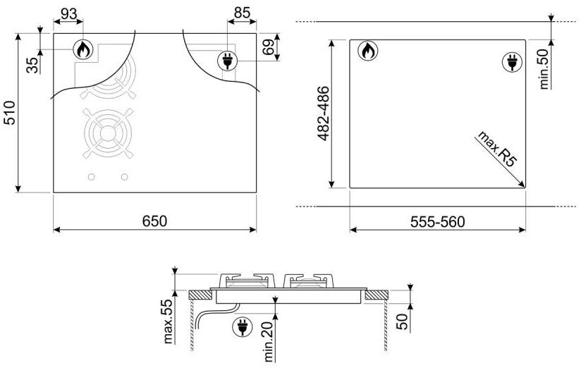 SMEG PM6643R Комбинированная варочная панель газ + индукция, 65 см, прямой край