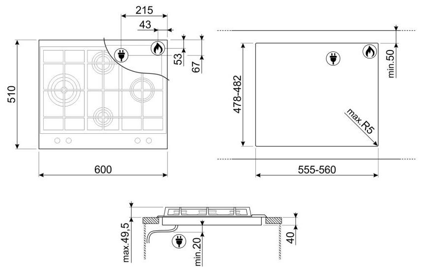 SMEG PX364LMB Газовая варочная панель, 60 см, цвет чёрный матовый